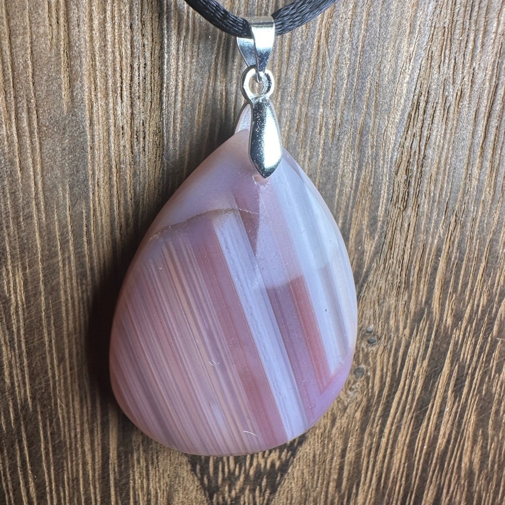 Pink Teardrop Agate Pendant Necklace with Black Cord - Picture 7 of 12